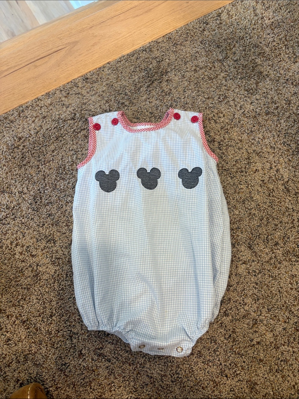 Gingham Disney Appliqué Bubble Romper - Blue with Red Trim